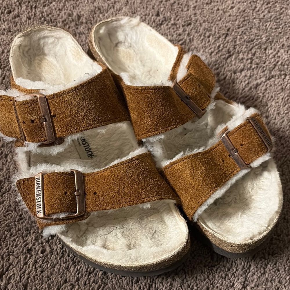 Birkenstock Arizona Shearling Lined Tan Suede Sandals